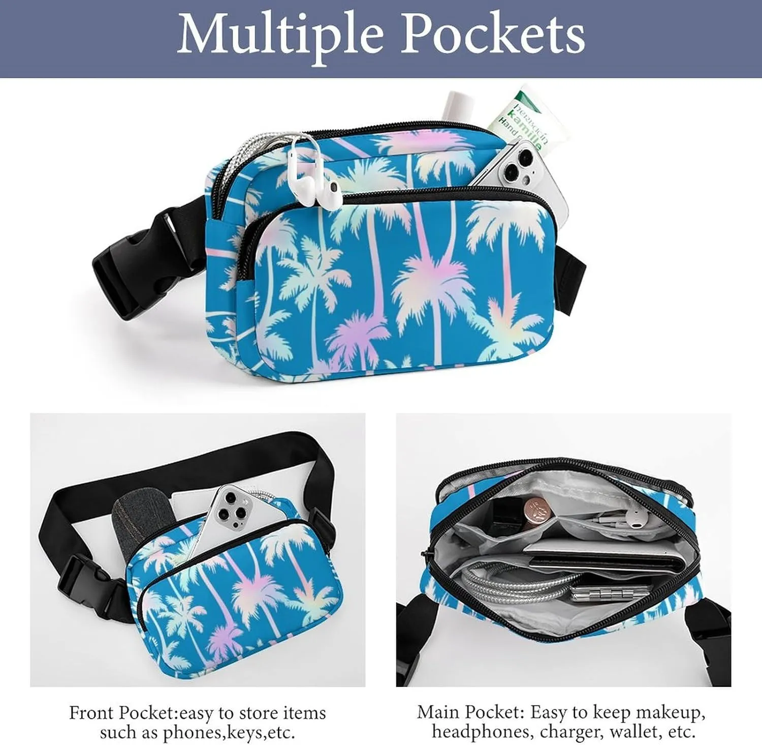 Pink Palm Trees Belt Bag Fanny Pack for Women Men Tropical Jungle Crossbody Waist Bag Pack Adjustable Casual Bag for Travel Running Workout Cycling