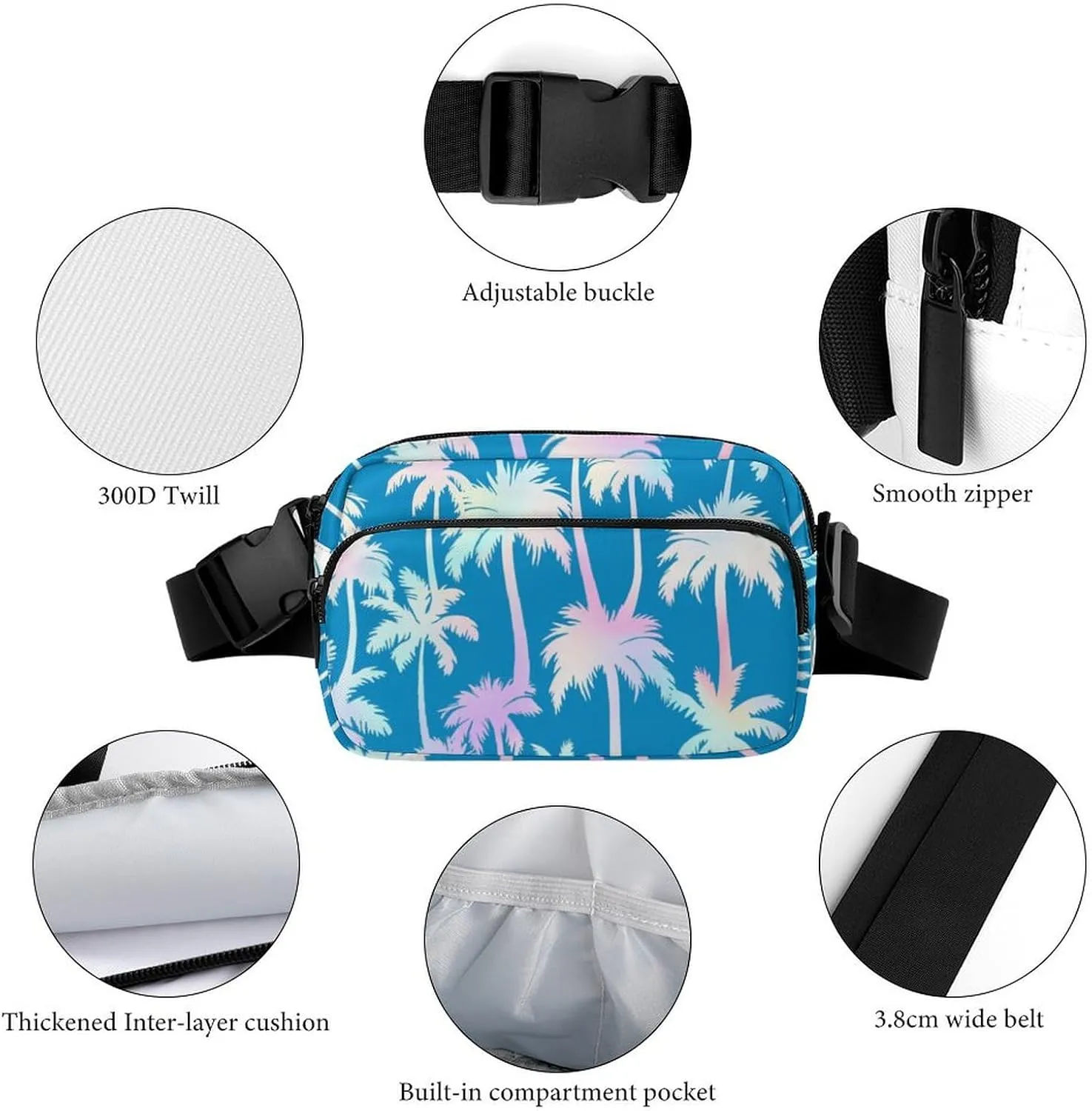 Pink Palm Trees Belt Bag Fanny Pack for Women Men Tropical Jungle Crossbody Waist Bag Pack Adjustable Casual Bag for Travel Running Workout Cycling
