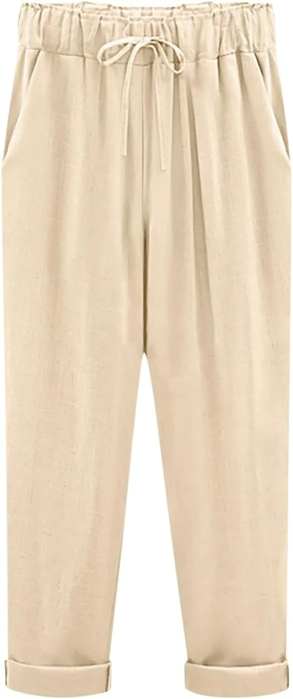 PTOLOCIF Cotton Linen Pants for Women Summer Baggy Boho Casual Palazzo Pants Wide Leg Long Lounge Trousers with Pockets