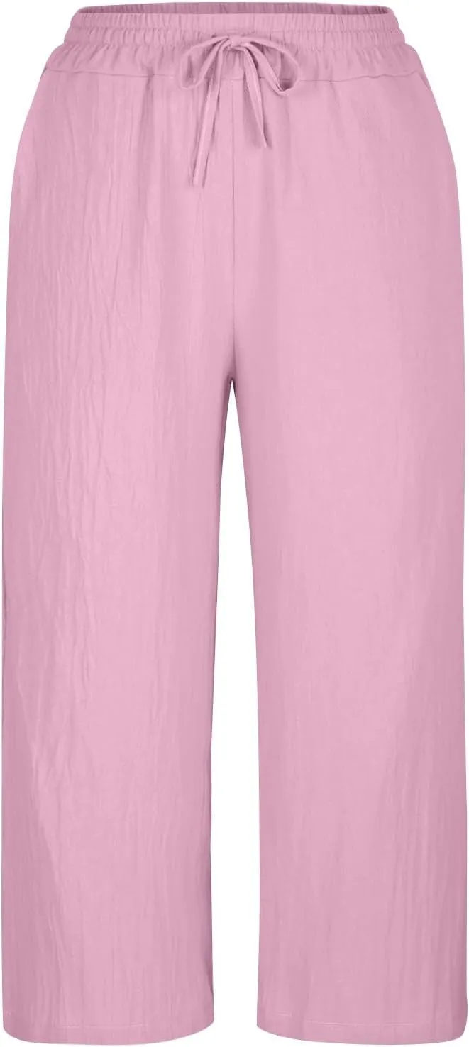 PTOLOCIF Cotton Pants for Women Casual Elastic Waist Wide Leg Pants with Pockets High Waisted Drawstring Beach Pant Trousers