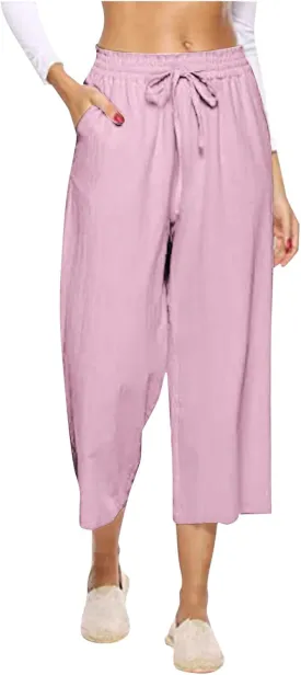 PTOLOCIF Cotton Pants for Women Casual Elastic Waist Wide Leg Pants with Pockets High Waisted Drawstring Beach Pant Trousers