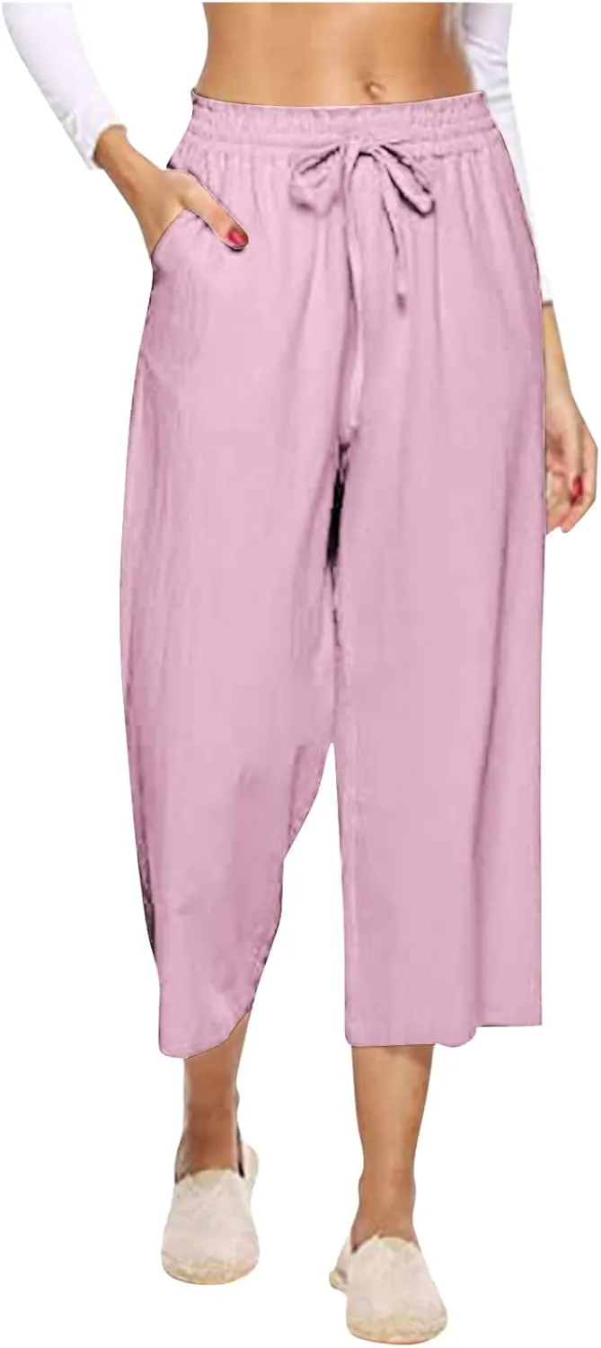 PTOLOCIF Cotton Pants for Women Casual Elastic Waist Wide Leg Pants with Pockets High Waisted Drawstring Beach Pant Trousers