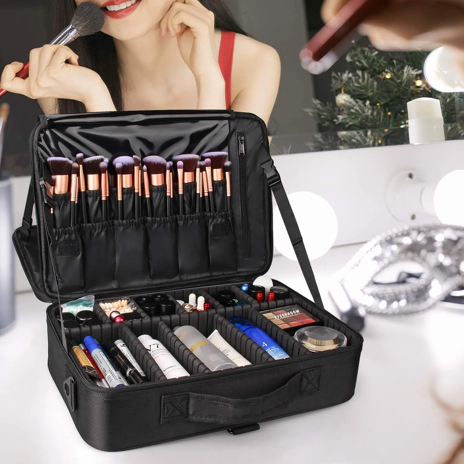 Relavel Travel Makeup Train Case Cosmetic Case Organizer Portable Artist Storage Bag with Adjustable Dividers for Cosmetics Makeup Brushes Toiletry Jewelry Digital Accessories