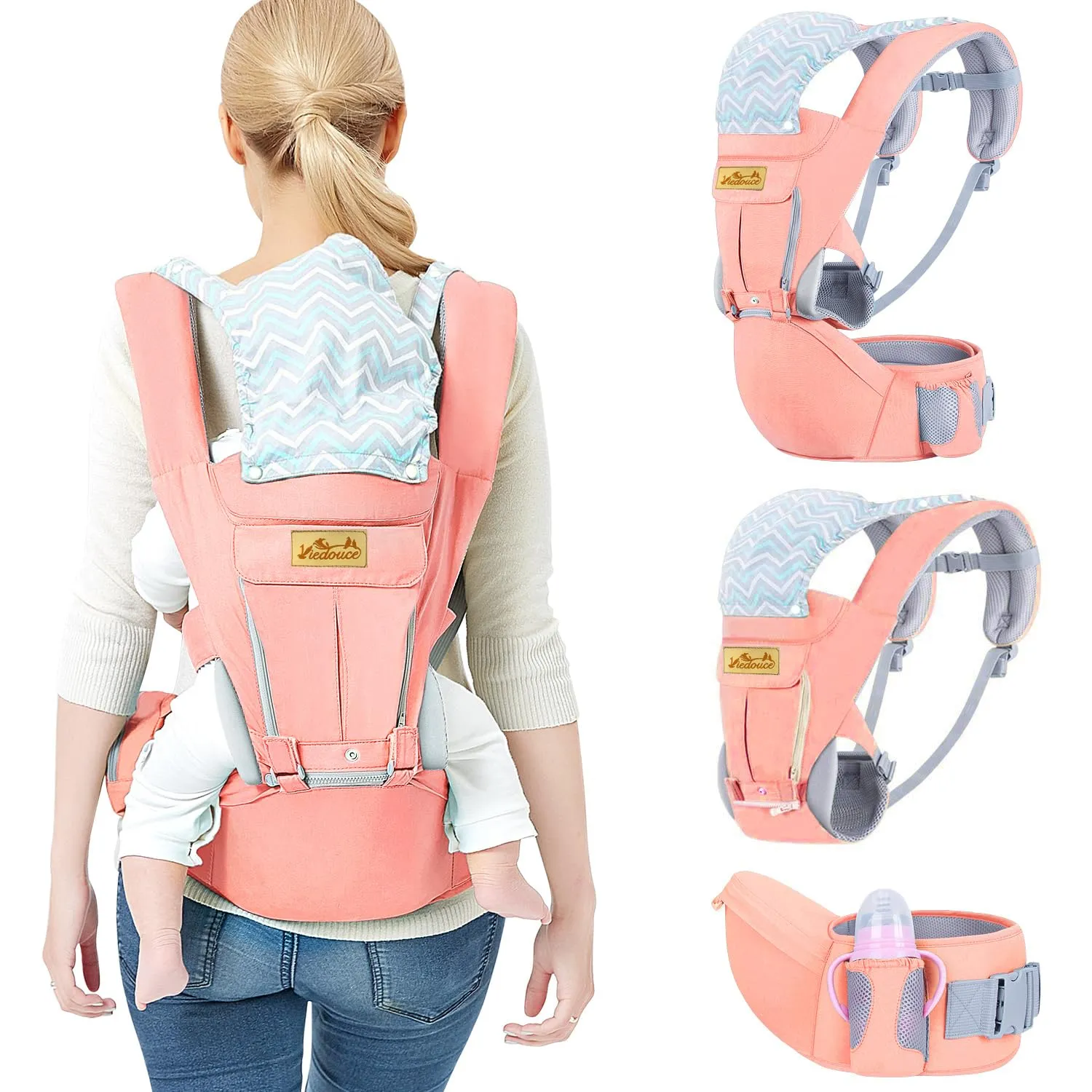 Viedouce Baby Carrier Ergonomic with Hip Seat/Pure Cotton Lightweight and Breathable/Multiposition:Dorsal, Ventral, Adjustable for Newborn and Toddler 3 to 48 Month (3.5 to 20 kg)