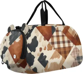 Vintage Checkered Cow Print Travel Duffle Bag for Kids Water Resistant Sport Gym Bags for Girls Boys Sleepover Weekender Overnight Tote