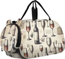 Vintage Newspaper Wine Glasses Travel Duffle Bag for Kids Water Resistant Sport Gym Bags for Girls Boys Sleepover Weekender Overnight Tote